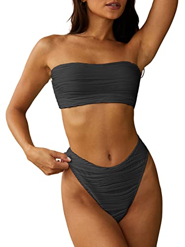 ZAFUL Women Strapless Textured Bandeau Bikini 2 Piece Swimwear Cheeky Solid Lace up Bathing Suits(1-Dark Gray,M)