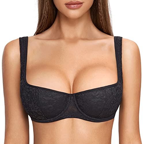 DOBREVA Women's Balconette Bra Sexy Lace Demi Underwire Shelf Plus Size Lightly Padded Wide Straps Black 38DD