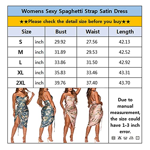 Women Satin Dress Sexy Spaghetti Strap Floral Print Backless Ruched Midi Cocktail Dresses