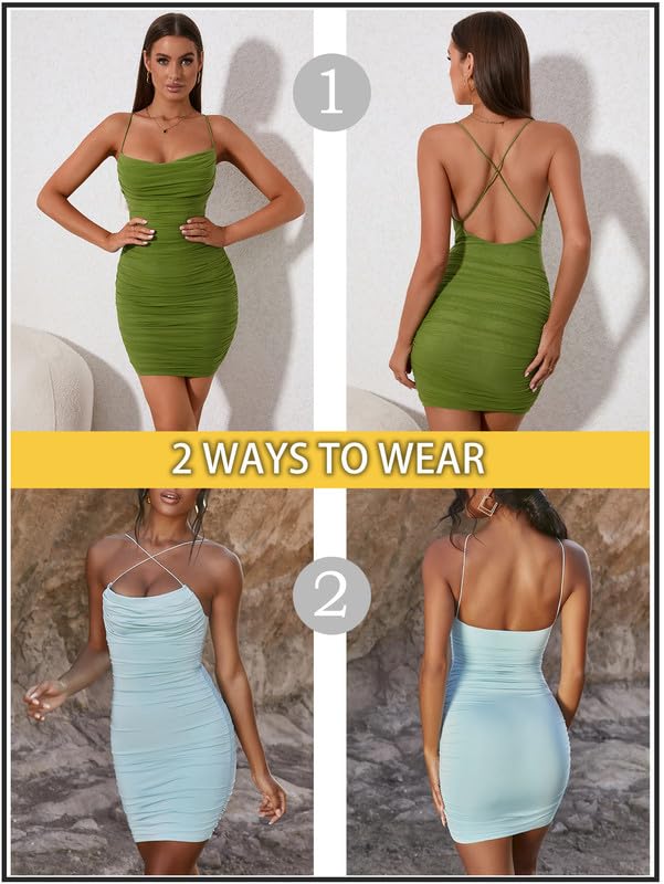 KUTUMAI Women's Ruched Bodycon Mini Dress Summer Spaghetti Strap Party Club Dresses Pink XS