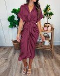 BTFBM Women 2024 Button Down Ruched Shirt Dresses Short Sleeve Lapel V Neck Elegant Party Spring Summer Maxi Satin Dress(Short Sleeve Purple Red, Large)