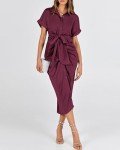 BTFBM Women 2024 Button Down Ruched Shirt Dresses Short Sleeve Lapel V Neck Elegant Party Spring Summer Maxi Satin Dress(Short Sleeve Purple Red, Large)