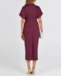 BTFBM Women 2024 Button Down Ruched Shirt Dresses Short Sleeve Lapel V Neck Elegant Party Spring Summer Maxi Satin Dress(Short Sleeve Purple Red, Large)