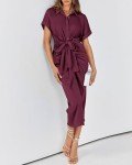 BTFBM Women 2024 Button Down Ruched Shirt Dresses Short Sleeve Lapel V Neck Elegant Party Spring Summer Maxi Satin Dress(Short Sleeve Purple Red, Large)