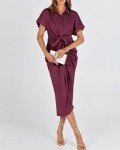 BTFBM Women 2024 Button Down Ruched Shirt Dresses Short Sleeve Lapel V Neck Elegant Party Spring Summer Maxi Satin Dress(Short Sleeve Purple Red, Large)