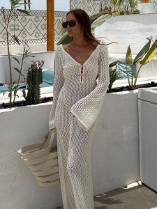 Chic White Knit Beach Cover-Up Dress for Women