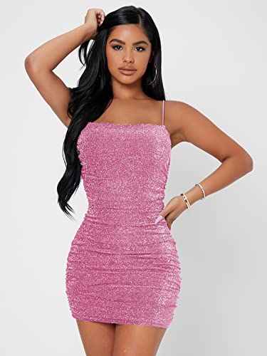 Floerns Women's Glitter Sleeveless Ruched Party Clubwear Bodycon Mini Dress Pink Petite XS