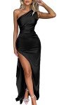 One Shoulder Black Satin High Split Maxi Dress