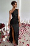 One Shoulder Black Satin High Split Maxi Dress