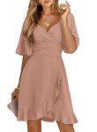 Dokotoo Women's Pink Wrap V-Neck Short Dress