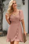 Dokotoo Women's Pink Wrap V-Neck Short Dress