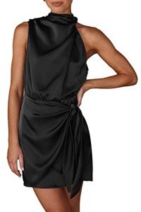Women's Satin Mock Neck Cocktail Dress - Black