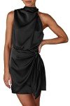 Women's Satin Mock Neck Cocktail Dress - Black