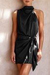Women's Satin Mock Neck Cocktail Dress - Black