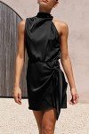 Women's Satin Mock Neck Cocktail Dress - Black