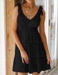 ZESICA Womens Summer Casual V Neck Sleeveless Mini Dress 2024 Tie Shoulder Tiered Ruffle Swing A Line Short Sundresses,Black,Small