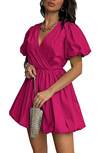 PRETTYGARDEN Women's Short Summer Dresses Casual Puffy Sleeve Wrap V Neck Ruffle Solid Color Flare Dress (Rose Red,Small)