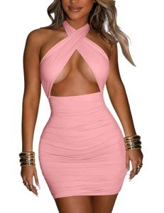 Pink Backless Mini Dress with Criss Cross Halter