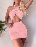 Pink Backless Mini Dress with Criss Cross Halter