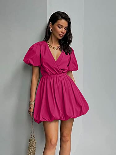 PRETTYGARDEN Women's Short Summer Dresses Casual Puffy Sleeve Wrap V Neck Ruffle Solid Color Flare Dress (Rose Red,Small)