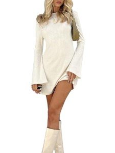 Verdusa Women's Backless Round Neck Flare Long Sleeve Tie Back Knitted Mini Dress Apricot XS