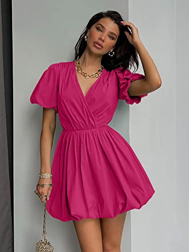 PRETTYGARDEN Women's Short Summer Dresses Casual Puffy Sleeve Wrap V Neck Ruffle Solid Color Flare Dress (Rose Red,Small)