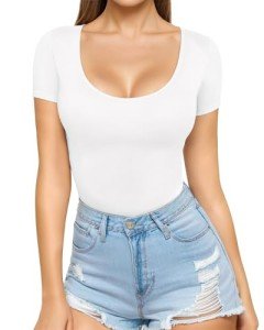 MANGOPOP Women's Scoop Neck Short Sleeve Slim Fit T Shirt Tunic Tops Tee