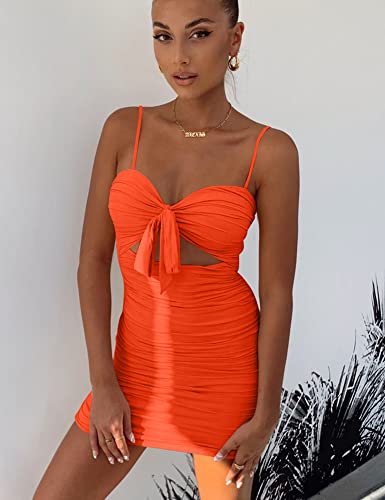 BORIFLORS Women's Sexy Bodycon Cut Out Ruched Backless Spaghetti Strap Mini Club Party Dresses, X-Small, Orange