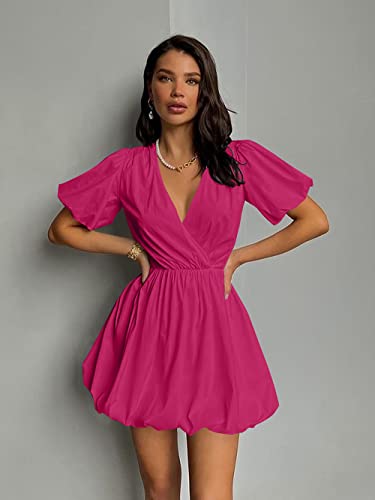 PRETTYGARDEN Women's Short Summer Dresses Casual Puffy Sleeve Wrap V Neck Ruffle Solid Color Flare Dress (Rose Red,Small)