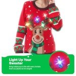 JOYIN Womens LED Light Up Christmas Sweater, Reindeer Christmas Ugly Sweater with Light Bulbs-Red