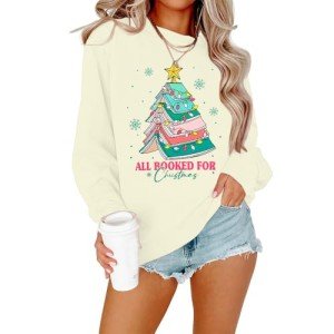 ASTANFY Christmas Sweatshirts for Women All Booked Christmas Sweater Funny Merry Sweatshirt Xmas Holiday Long Sleeve Pullover Apricot