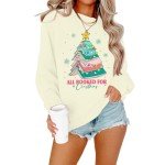 ASTANFY Christmas Sweatshirts for Women All Booked Christmas Sweater Funny Merry Sweatshirt Xmas Holiday Long Sleeve Pullover Apricot