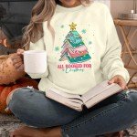 ASTANFY Christmas Sweatshirts for Women All Booked Christmas Sweater Funny Merry Sweatshirt Xmas Holiday Long Sleeve Pullover Apricot