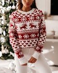 ZAFUL Women's Christmas Snowflake Reindeer Knitted Sweater Long Sleeve Crew Neck Heart Animal Print Pullover Knitwear