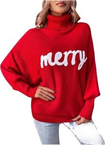 Women Merry Christmas Sweater 2024 Funny Holiday Knitted Sweaters Oversized Turtleneck Batwing Sleeve Xmas Pullover Tops Red