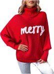 Women Merry Christmas Sweater 2024 Funny Holiday Knitted Sweaters Oversized Turtleneck Batwing Sleeve Xmas Pullover Tops Red