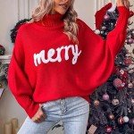 Women Merry Christmas Sweater 2024 Funny Holiday Knitted Sweaters Oversized Turtleneck Batwing Sleeve Xmas Pullover Tops Red