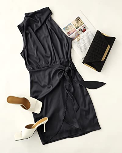 ZESICA Women's 2024 Fashion Satin Sleeveless Halter Neck Tie Waist Wrap Bodycon Cocktail Party Mini Dress,Black,Small