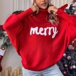 Women Merry Christmas Sweater 2024 Funny Holiday Knitted Sweaters Oversized Turtleneck Batwing Sleeve Xmas Pullover Tops Red