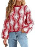 Saodimallsu Womens Christmas Sweaters Color Block Crew Neck Chunky Knit Long Lantern Sleeve Cozy Pullover Tops Red