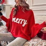 Women Merry Christmas Sweater 2024 Funny Holiday Knitted Sweaters Oversized Turtleneck Batwing Sleeve Xmas Pullover Tops Red