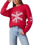 Dokotoo Womens Funny Christmas Sweater 2024 Crewneck Long Sleeve Snow Printed Cable Knit Holiday Pullover Sweaters Snowflake Loose Fit Fall Fashion Clothes Ugly Christmas Sweaters Tops Medium Red