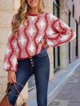 Saodimallsu Womens Christmas Sweaters Color Block Crew Neck Chunky Knit Long Lantern Sleeve Cozy Pullover Tops Red