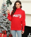 Women Merry Christmas Sweater 2024 Funny Holiday Knitted Sweaters Oversized Turtleneck Batwing Sleeve Xmas Pullover Tops Red