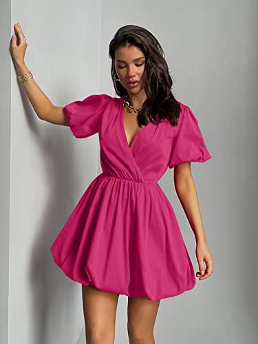 PRETTYGARDEN Women's Short Summer Dresses Casual Puffy Sleeve Wrap V Neck Ruffle Solid Color Flare Dress (Rose Red,Small)