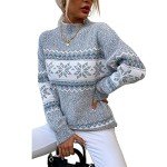 JUNBOON Women's Crewneck Long Sleeve Christmas Snowflake Holiday Pullover Sweater Jumper