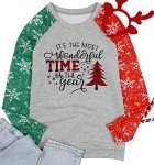 TAOHONG Merry Christmas Sweartshirt for Women Xmas Buffalo Plaid Tree Color Block Christmas Snowflake Print Long Sleeve Top T-Shirt Gray