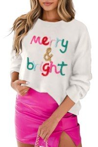 LEMAFER Women's 2024 Christmas Merry Bright Sweater Round Neck Sequin Tinsel Slogan Sweatshirts Long Sleeve Holiday Pullover Tops