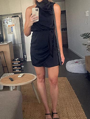 ZESICA Women's 2024 Fashion Satin Sleeveless Halter Neck Tie Waist Wrap Bodycon Cocktail Party Mini Dress,Black,Small