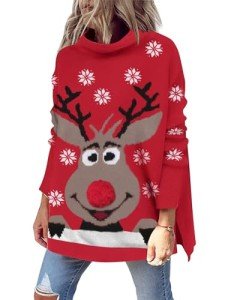 LILLUSORY Women's Mock Turtleneck Sweater Oversized Long Sleeve Casual Knit Pullover Tunic Tops Wear with Leggings XmasDeer L